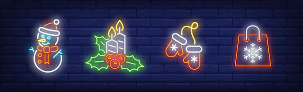 Free vector merry xmas symbols set in neon style