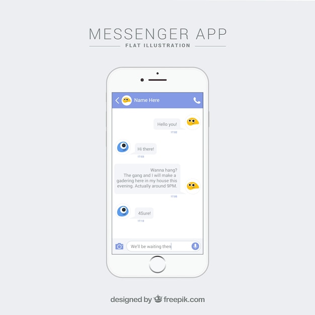 Vettore gratuito app messenger per dispositivi mobili in stile piano