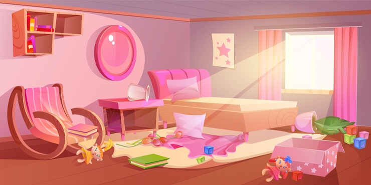 Free Vector messy children bedroom interior in pink colors