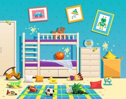 messy children room interior with dirty stains on wall and scattered toys on floor flat