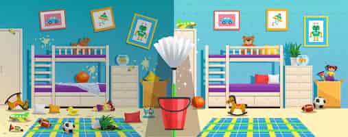 Free vector messy children room with furniture and interior objects before and after cleaning flat