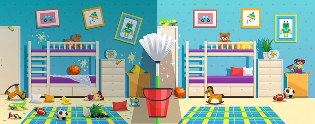 Грязная детская комната с мебелью и предметами интерьера до и после уборки квартиры