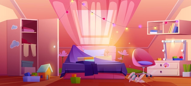 Бесплатное векторное изображение Грязная спальня девушки на чердаке с неубранной кроватью