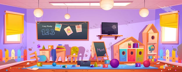 Free vector messy kids room interior in kindergarten