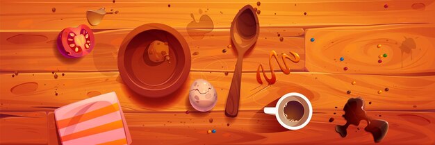 Грязный кухонный повар стол верхний вид векторный мультфильм грязный столик с соусом брызг кулинарных изделий на деревянной поверхности нечистая катастрофа на столе после домашнего ужина подготовка начинающего