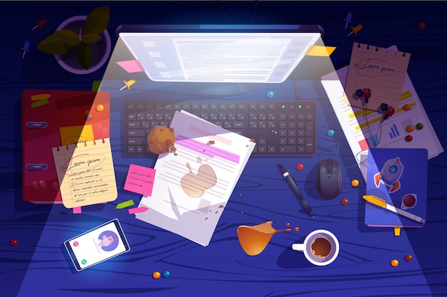 Free vector messy night workplace top view, clutter office desk, work space with mess, spilled coffee, crumbled muffin and document around glowing pc monitor