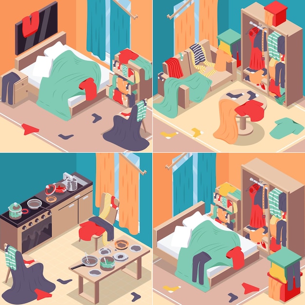 Free vector messy room isometric concept icons set with  dirty interior symbols isolated vector illustration