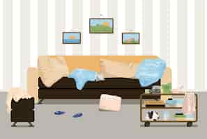 Free vector messy room objects composition with indoor scenery of living room interior with rumpled pillows and litter vector illustration