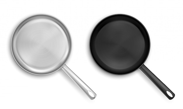 Free vector metal and black nonstick frying pans top view