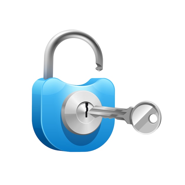 Бесплатное векторное изображение Металлический синий замок с ключом для открытия или закрытия