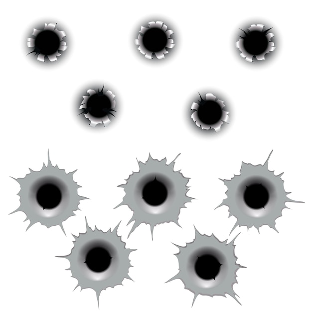 Metal bullet hole set  . Input and output gunshot cracked bullets holes