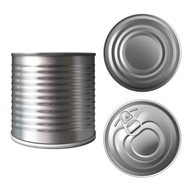 Metal can or tin illustration of 3D realistic container for food preserves or conserves. 