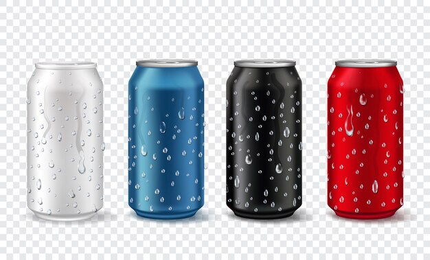 リアルなアルミ缶 ビール ソーダ レモネード ジュース 栄養ドリンク用の金属缶 プレミアムベクター