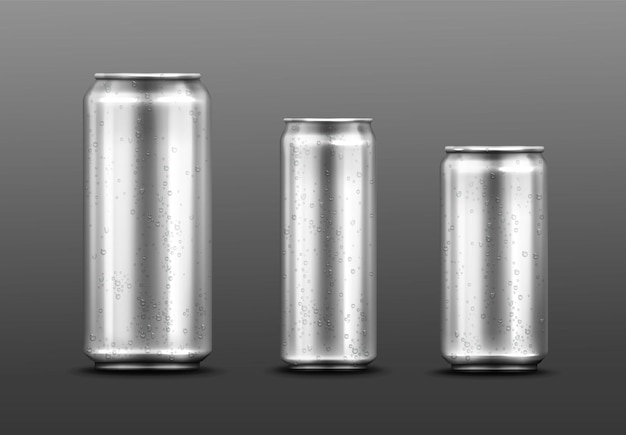 Metal cans with water drops, container for soda or energy drink, lemonade or beer.