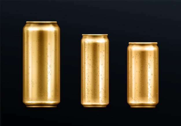 水滴が入った金属缶、ソーダまたはエナジードリンク用の金色の容器、レモネードまたはビール。ブランドデザインテンプレート現実的な3dベクトルセットの冷たい結露と孤立した黄金の空のモックアップ