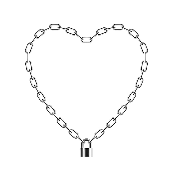 Metal chain frame realistic composition of heart shaped silver chain with lock vector illustration