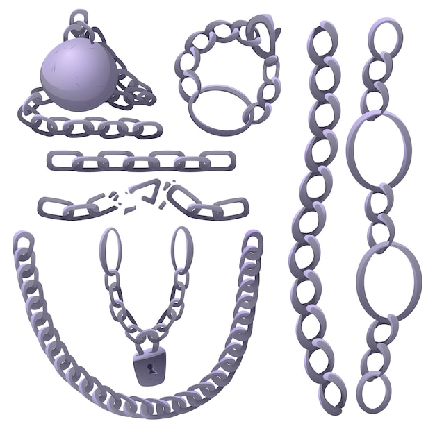 Metal chains with whole and broken links made of silver, chrome or steel, bob and padlock, connected stainless rings. Heavy decorative elements isolated on white background Cartoon vector illustration