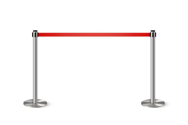 흰색 배경에 격리된 전시관 오토쇼 극장 및 시네마 프리미어 우승자 포상식을 위한 빨간 밧줄 은색 럭셔리 VIP 디자인 요소가 있는 금속 기둥 장벽
