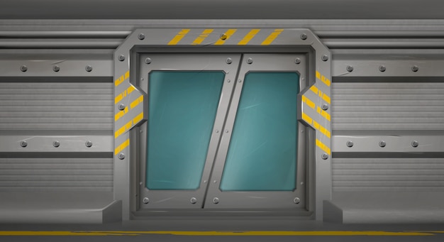 Metal door, sliding gates in spaceship hallway