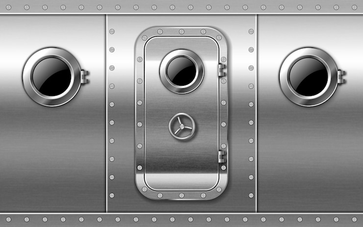Free Vector metal door on wall with portholes and rivets, submarine or bunker close entrance.