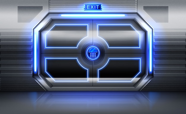 Бесплатное векторное изображение Металлическая дверь со знаком выхода, неоновым светом и панелью с кнопками для ввода пароля