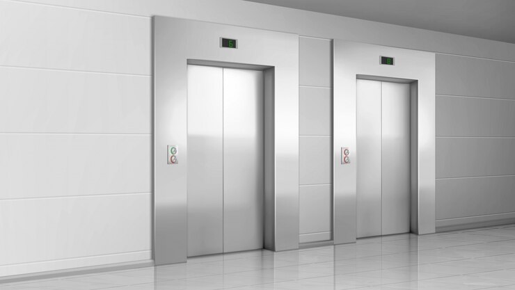 Free Vector metal elevator doors in modern office hallway