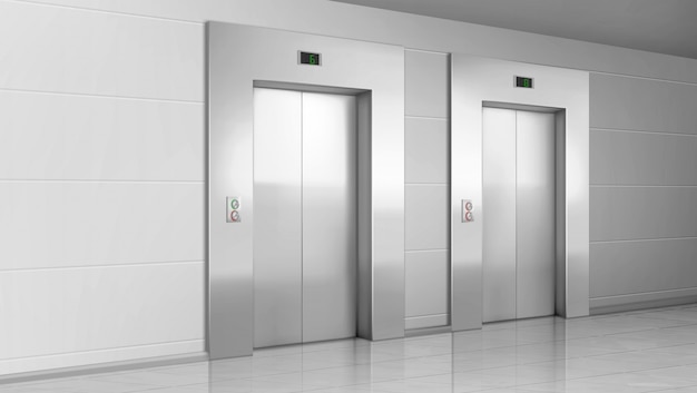 Metal elevator doors in modern office hallway