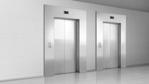 近代的なオフィスの廊下の金属製エレベーターのドア