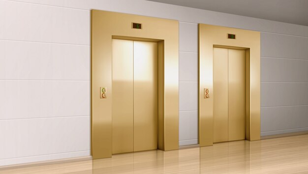 Металлические лифтовые двери в современном офисном коридоре
