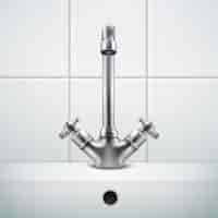 Free vector metal faucet realistic composition with images of bathing room wall covered with white tiles and sink