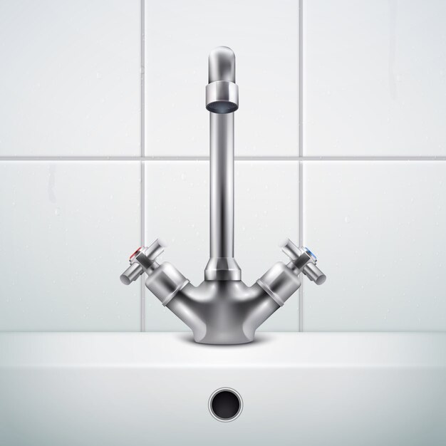 Metal faucet realistic composition with images of bathing room wall covered with white tiles and sink