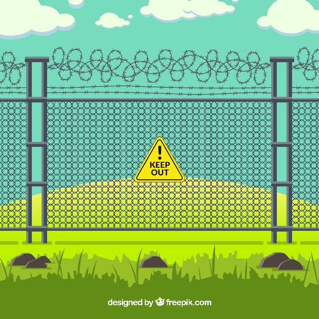 Free vector metal fence with barbed wire in green landscape