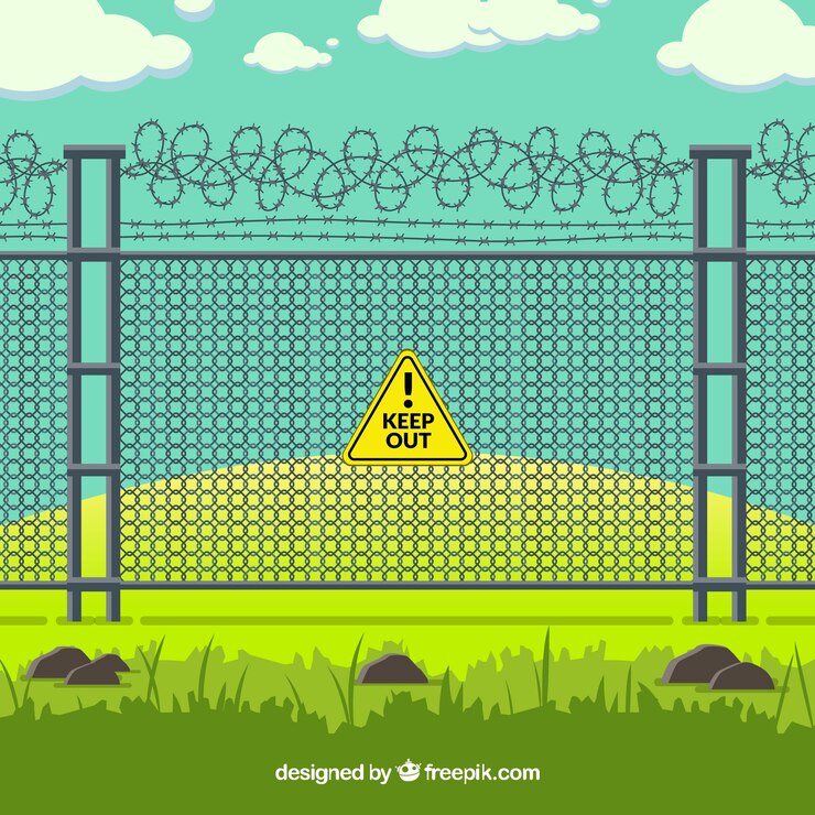 Free Vector metal fence with barbed wire in green landscape