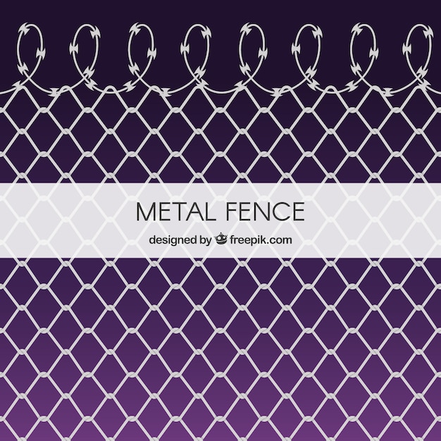 Metal fence with barbed wire on purple background