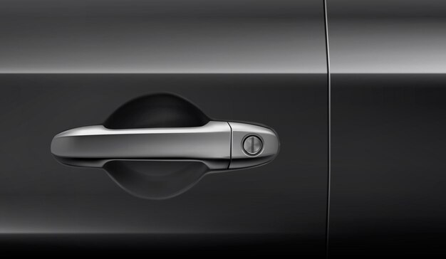 車のドアを開閉してロックするための金属製のハンドル、現代の自動車のドアの黒い背景部分に鍵穴が付いたスチール製の車両ハンドルのリアルなイラスト