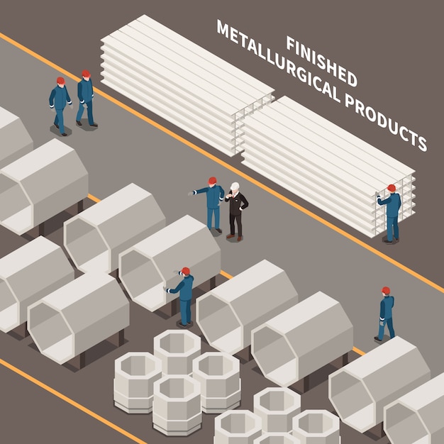 Free vector metal industry isometric composition with workers and metallurgical products 3d vector illustration