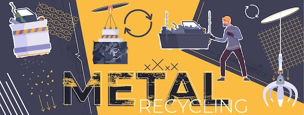 Бесплатное векторное изображение Композиция по переработке металла с коллажем из редактируемого текста и плоскими иконками свалки магнитов векторная иллюстрация пресс-подборщиков отходов