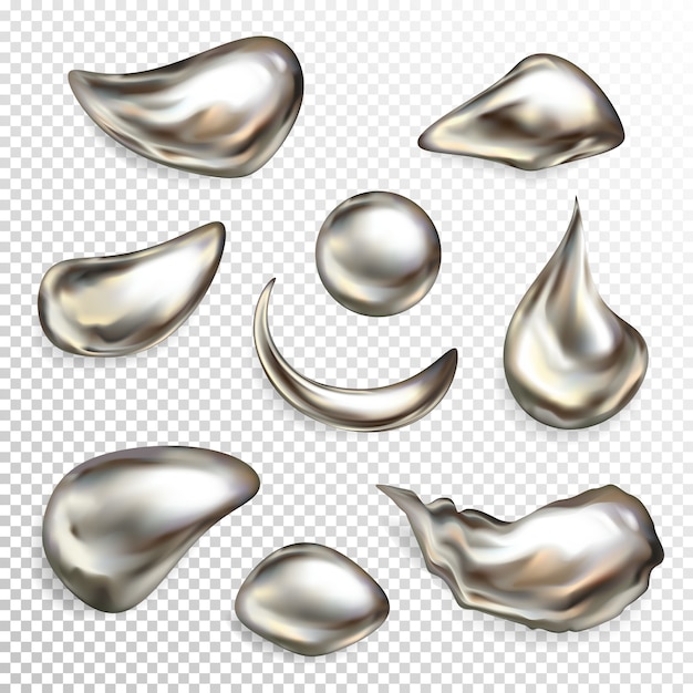 Metal silver droplets illustration of realistic 3d liquid quicksilver with pearl texture.