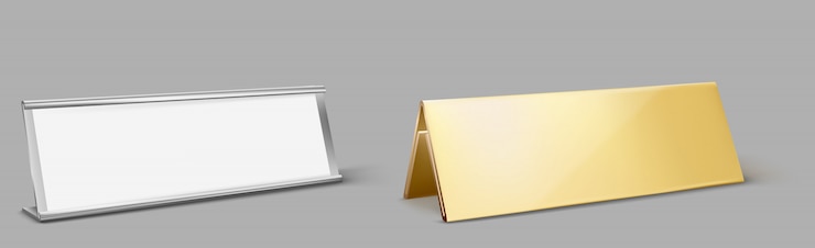 Free Vector metal table card holder, empty golden name plate