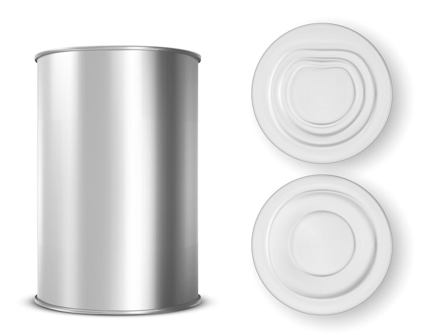 Metal tin can for food front, top and bottom view