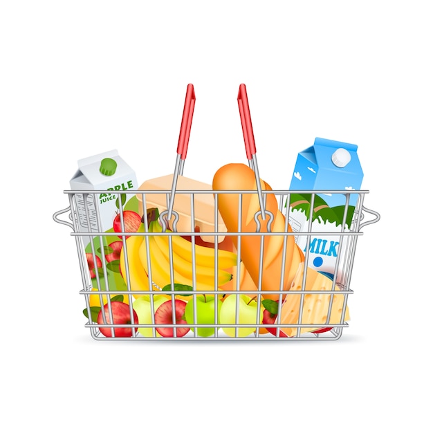 metallic shopping basket with products