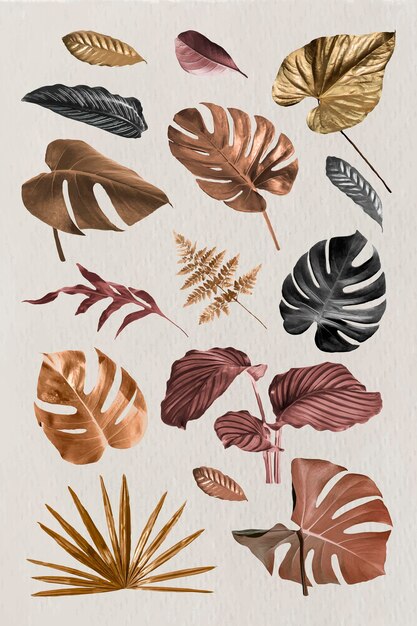 Metallic tropical leaf design element set vector