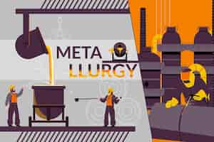 Free vector metallurgy production composition with collage of flat icons of pouring liquid metal with workers and text vector illustration