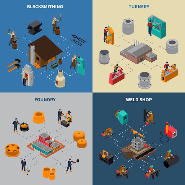 Free vector metalworking 4 isometric icons square poster