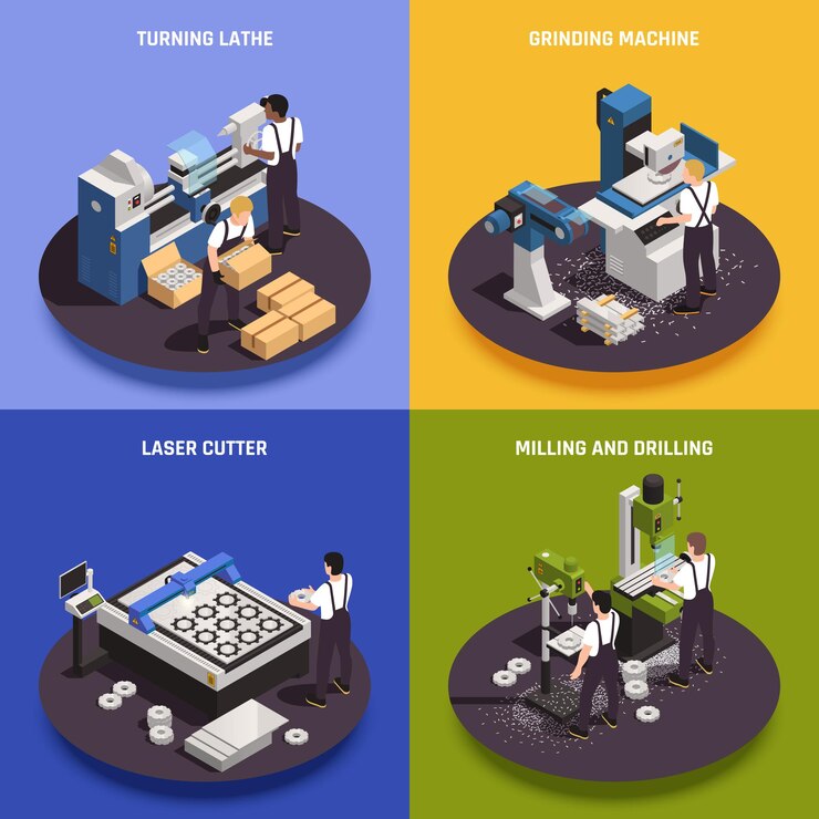 Free Vector metalworking operations 4 isometric compositions with turning lathe laborer laser cutter milling drilling grinding machines