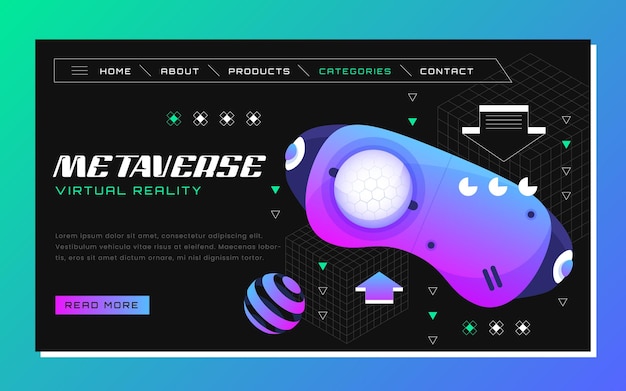 Free vector metaverse landing page vr glasses for gaming with simple objects floating around on purple background virtual reality future digital technology vector illustration social media design web template