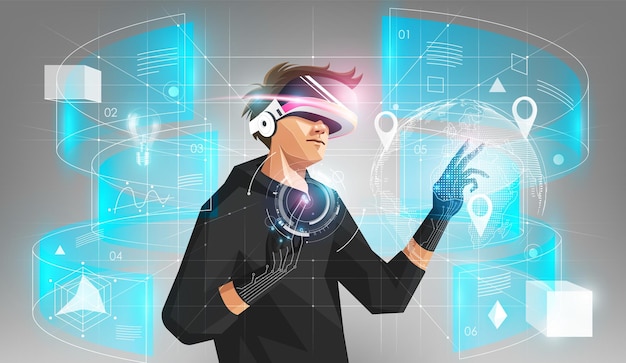 Metaverse technology man holding virtual reality glasses and haptic gloves surrounded with hologram Premium Vector