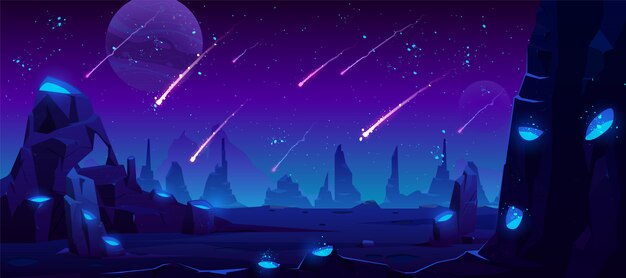 Meteor rain at night sky, neon space illustration