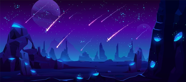 Meteor rain at night sky, neon space illustration