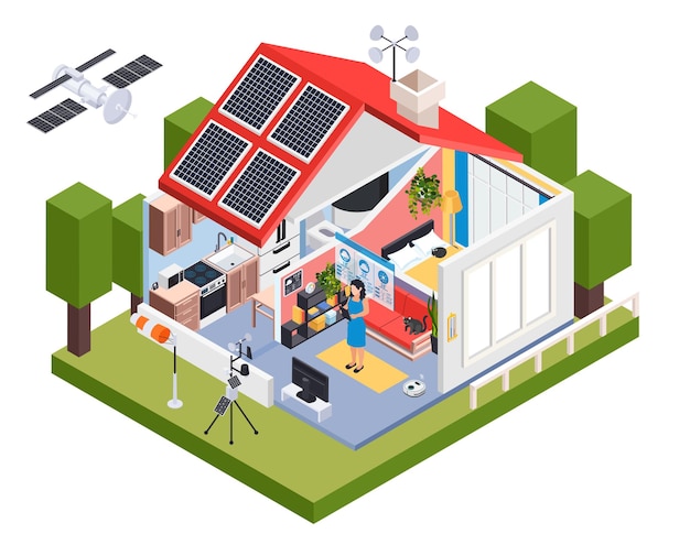 Free vector meteorology weather forecast isometric composition with outdoor view of house with solar batteries and wind vane illustration